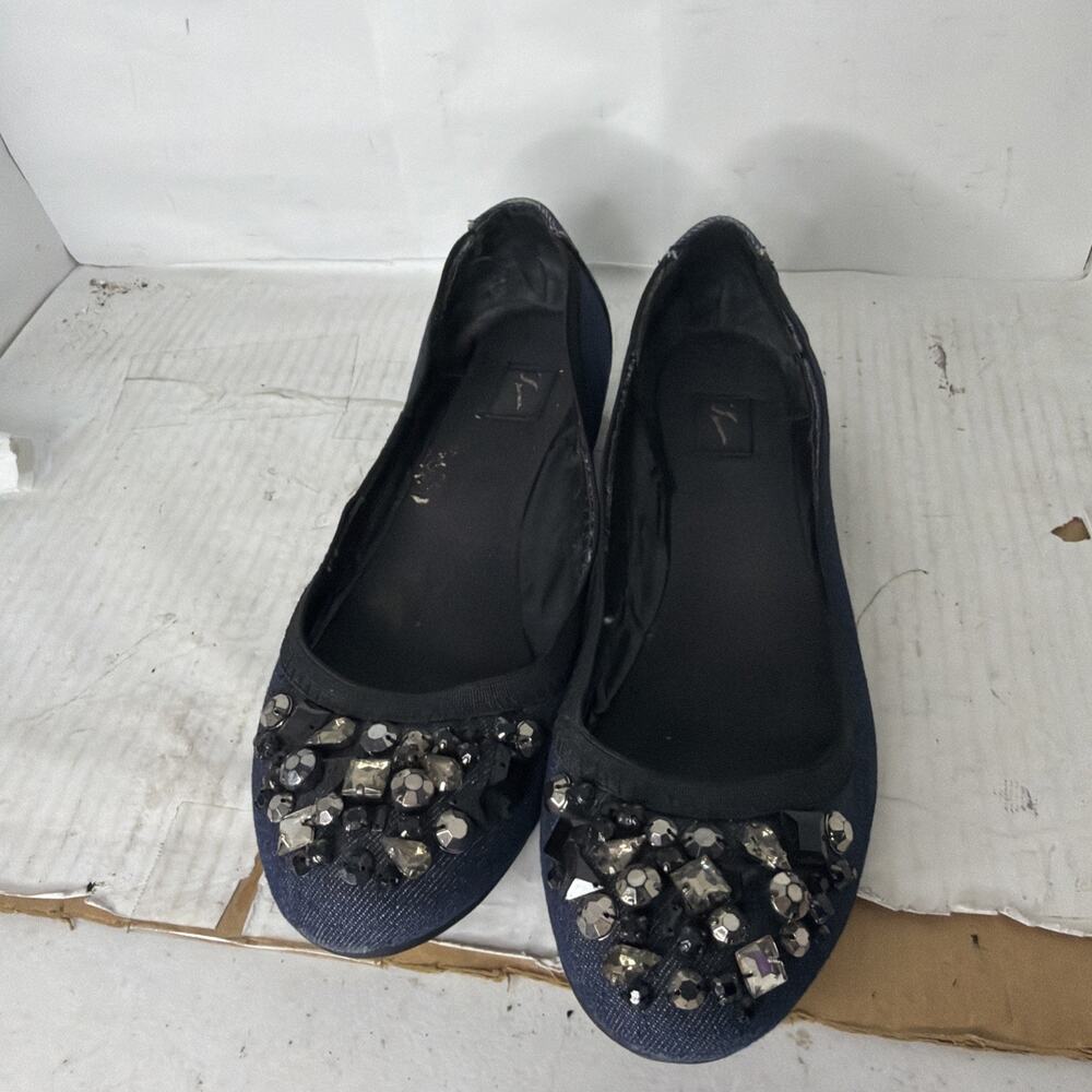 Vintage Vera Wang Denim Embellished Rhinestone Beaded Flats Size 7 As Pictured